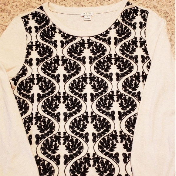 J.Crew Cream w/black embroidery Long sleeve Top. S - Picture 2 of 5